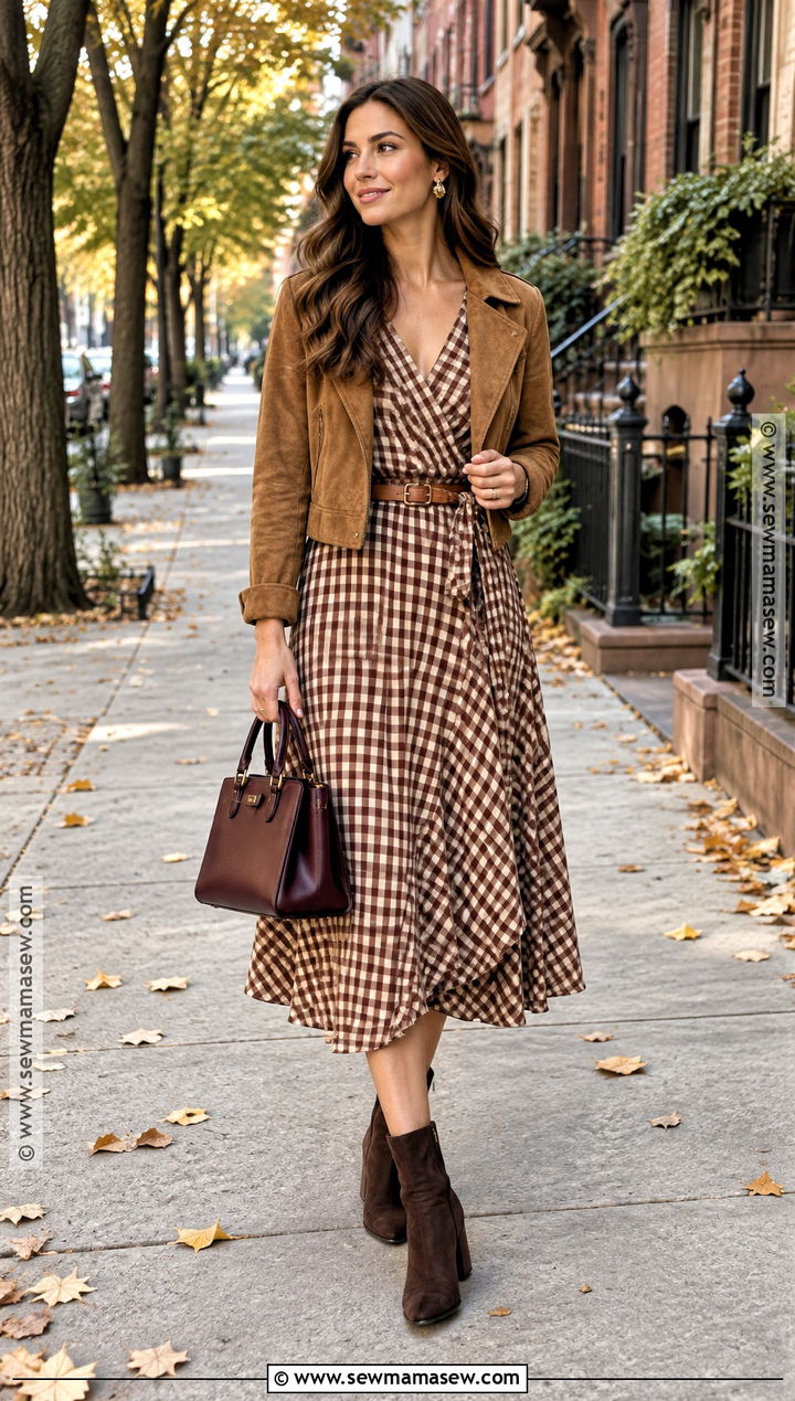 Brown Gingham Dress With Suede Jacket - 15 fall gingham fashion ideas