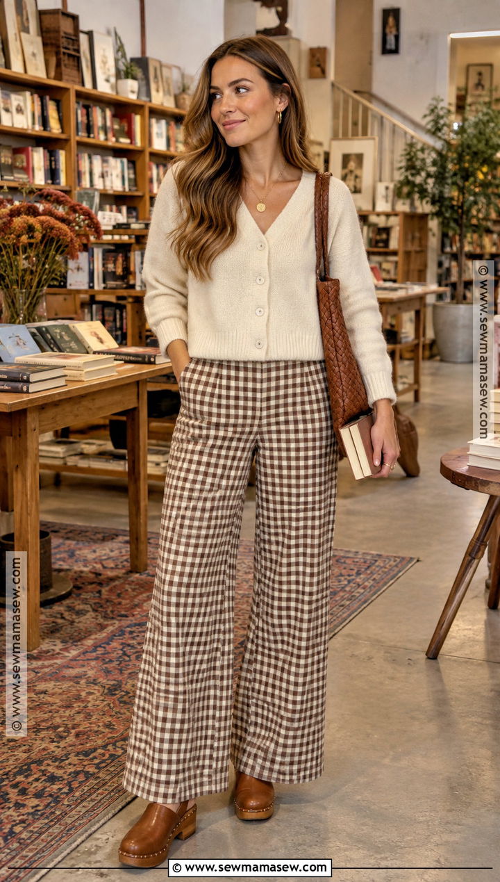 Brown Gingham Pants With Cream Cardigan And Clogs - 20 Gingham Pants Outfit Fall