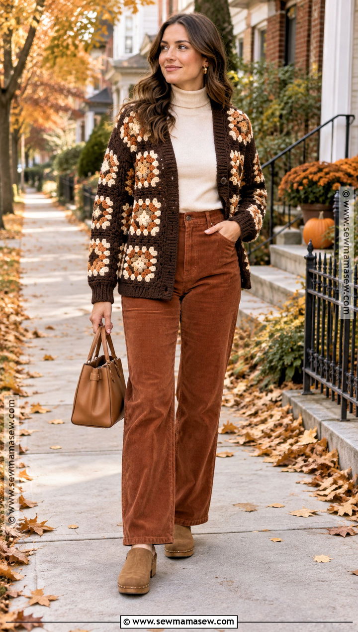 Brown Granny Square Cardigan With Corduroy Pants - 15 Crochet Fall Granny Square Cardigan Ideas