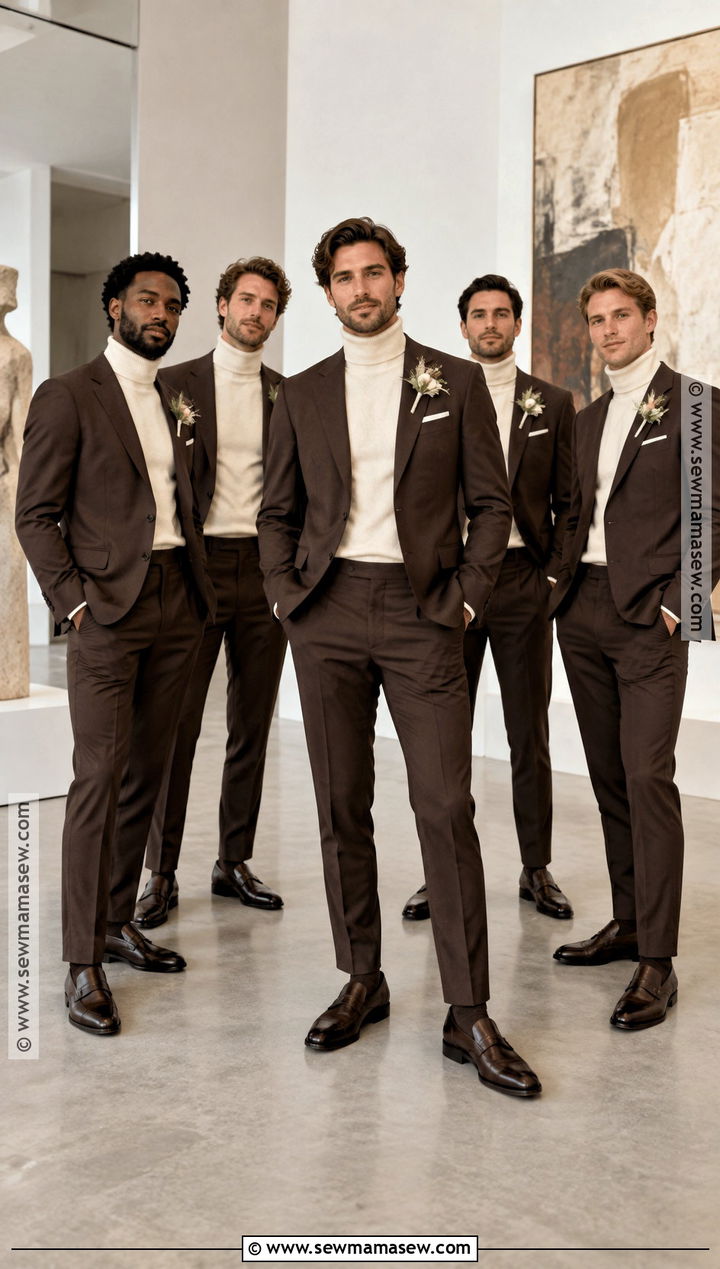Brown Groomsmen Suit With Cream Turtleneck - 15 fall groomsmen attire brown ideas