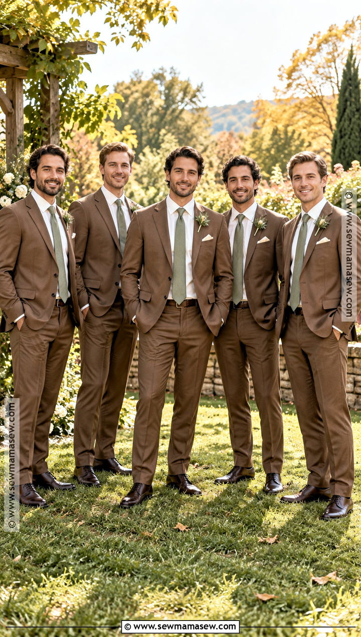 Brown Groomsmen Suit With Sage Green Tie - 15 fall groomsmen attire brown ideas