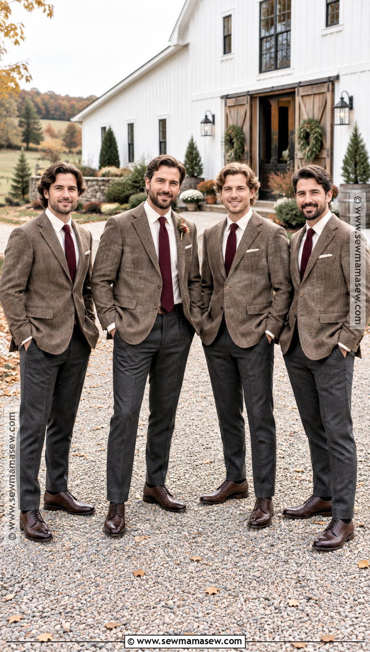 Brown Herringbone Blazers With Charcoal Trousers - 20 groomsmen attire fall wedding ideas
