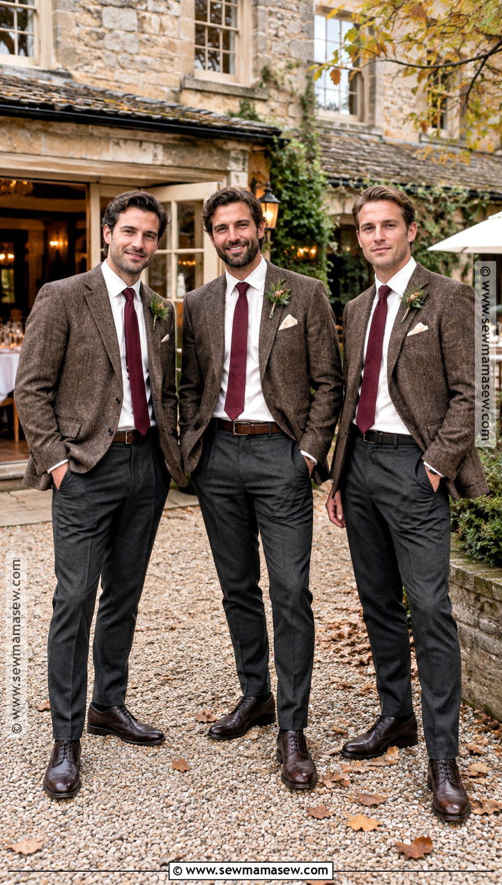 Brown Herringbone Blazers With Charcoal Trousers - 15 groomsmen attire autumn wedding ideas