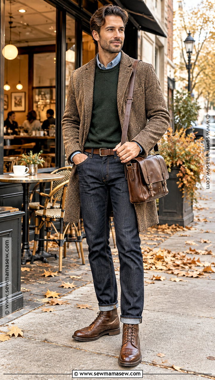 Brown Herringbone Coat With Dark Denim - 15 autumn coat ideas for men
