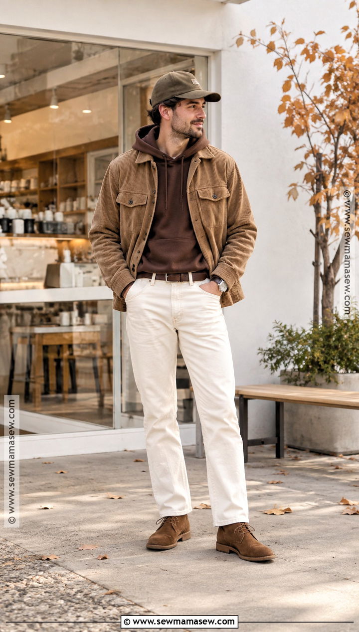Brown Hoodie With Corduroy Jacket And Ecru Jeans - 15 Fall Hoodie Outfit Ideas for Men