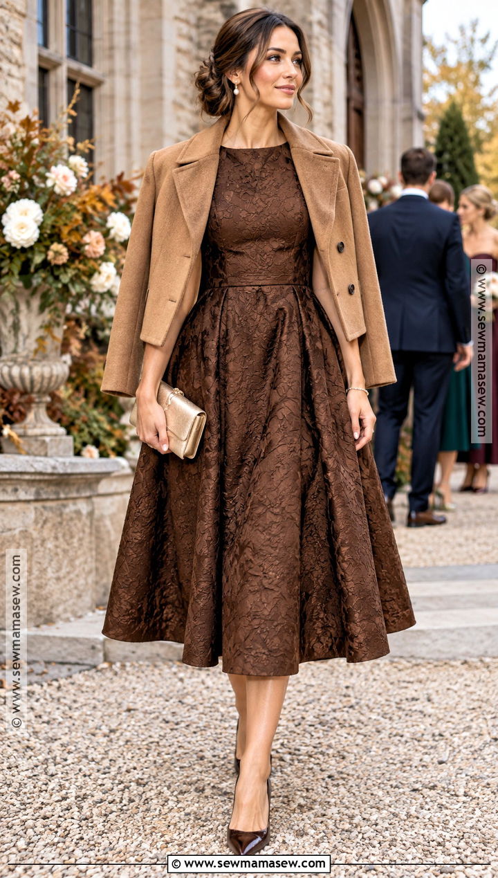 Brown Jacquard Fit And Flare Dress Outfit - 15 fall wedding guest dress brown ideas