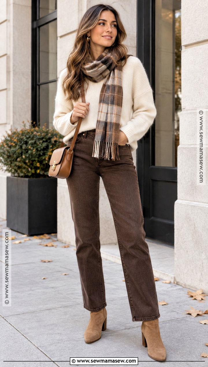 Brown Jean Outfit With Cream Sweater - 20 Cute Fall Jean Outfits