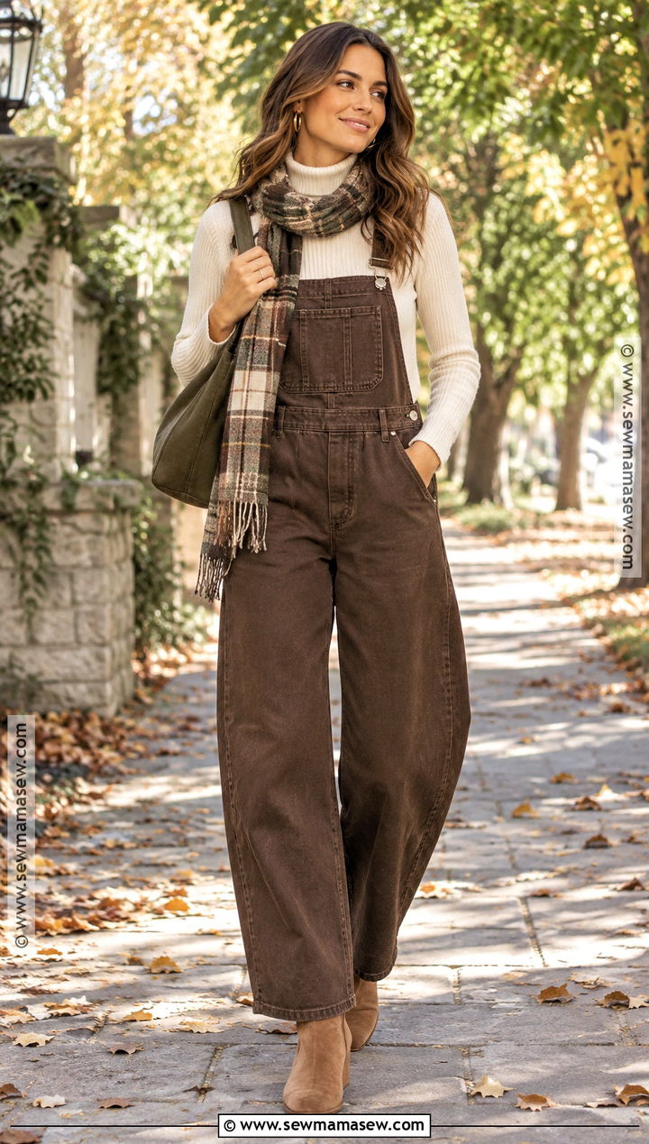 Brown Jean Overalls With Cream Knit Top - 15 Jean Overalls Outfit Fall