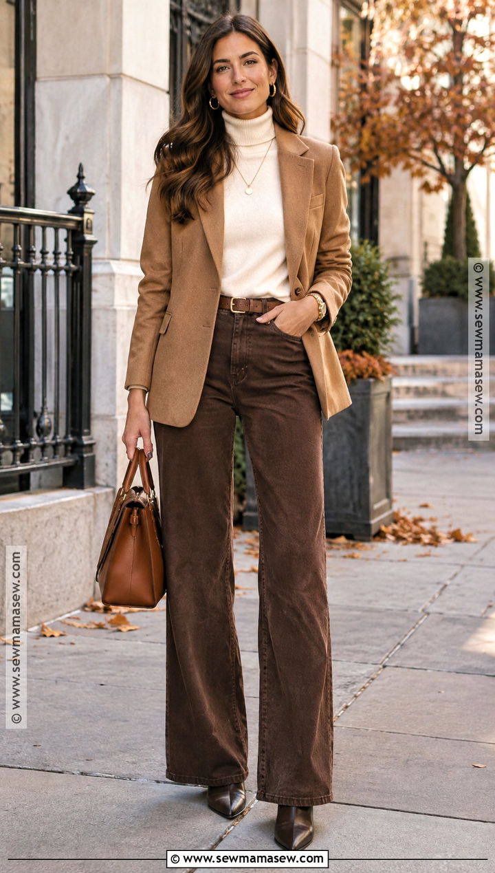 Brown Jeans With Cream Sweater - 15 Fall Business Casual Jean Outfits