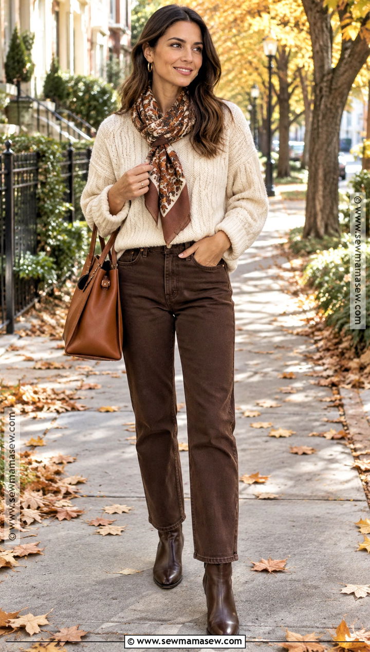Brown Jeans With Cream Sweater And Ankle Boots - 15 Jean Pants Outfits Fall