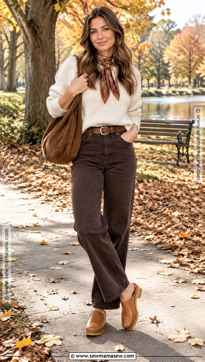 Brown Jeans With Cream Sweater And Clogs - 25 fall outfit jeans