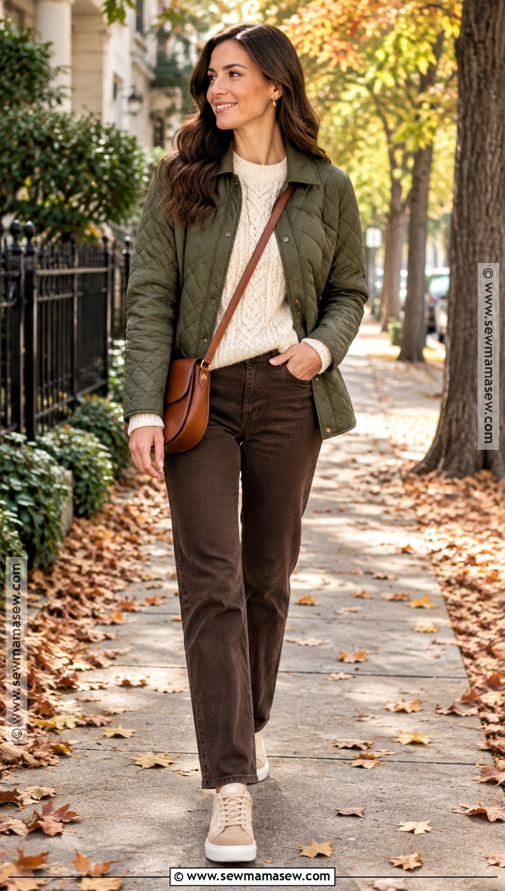 Brown Jeans With Cream Sweater And Suede Sneakers - 25 jeans fall outfit