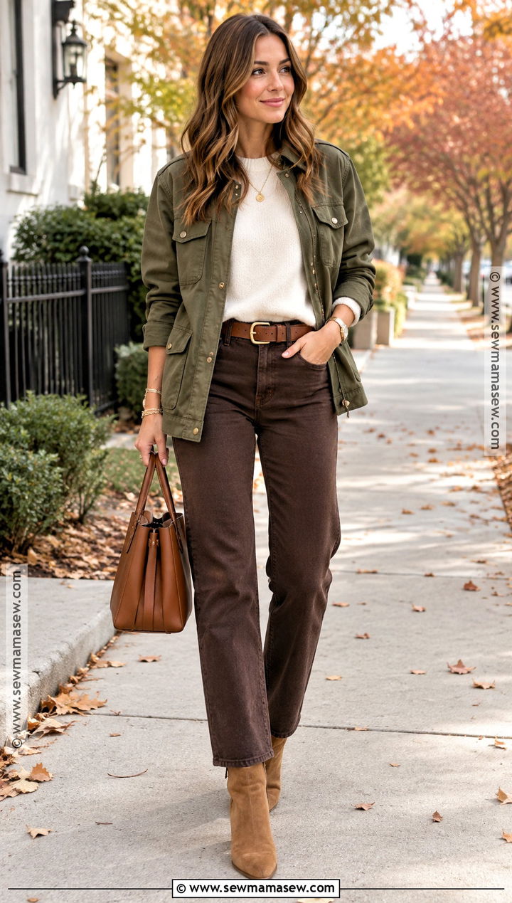 Brown Jeans With a Cream Sweater - 25 Fall Outfits With Jeans