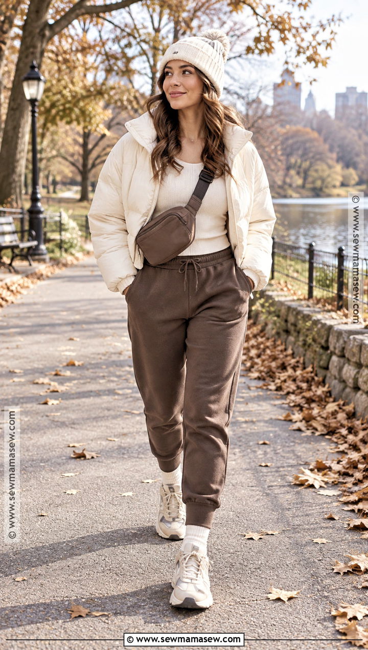 Brown Jogger Outfit With Puffer Jacket - 15 Fall Jogger Outfits Casual