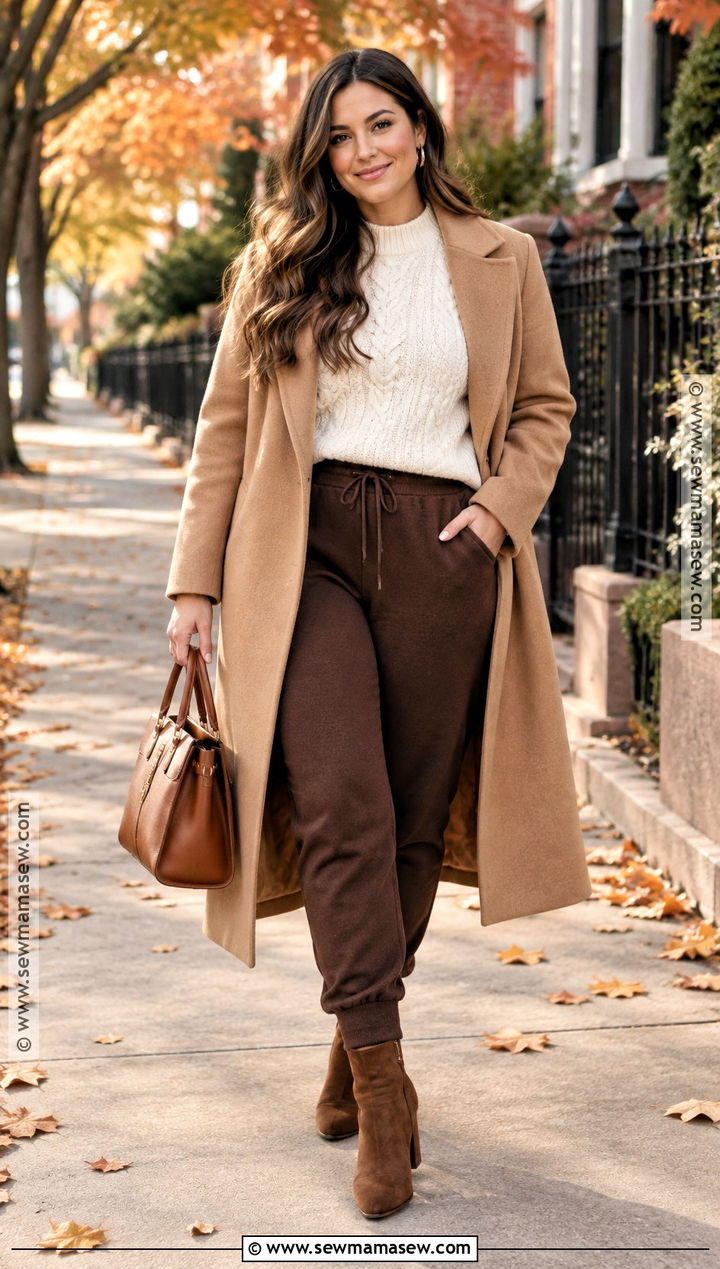 Brown Joggers With Cream Sweater And Ankle Boots - 15 fall outfit joggers ideas