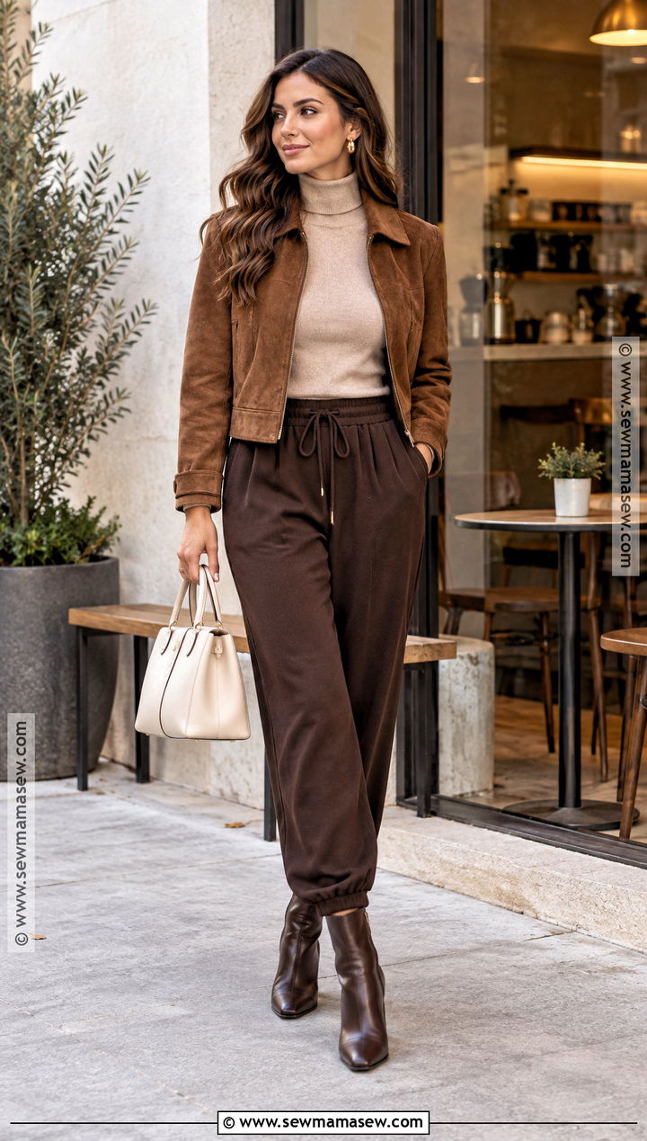 Brown Joggers With Suede Jacket - 15 fall joggers outfit dressy ideas