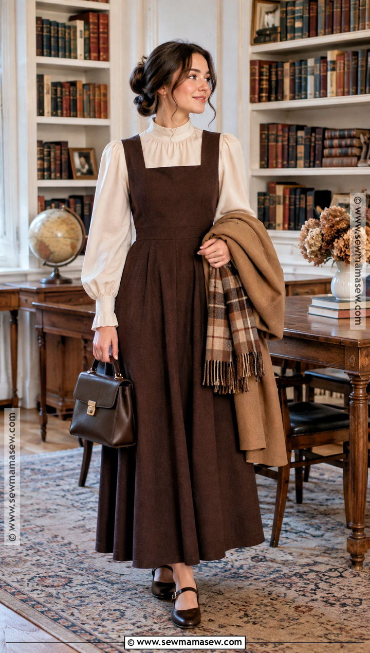 Brown Jumper Dress And Cream Blouse Apostolic Fall Outfit - 15 fall outfits apostolic fashion