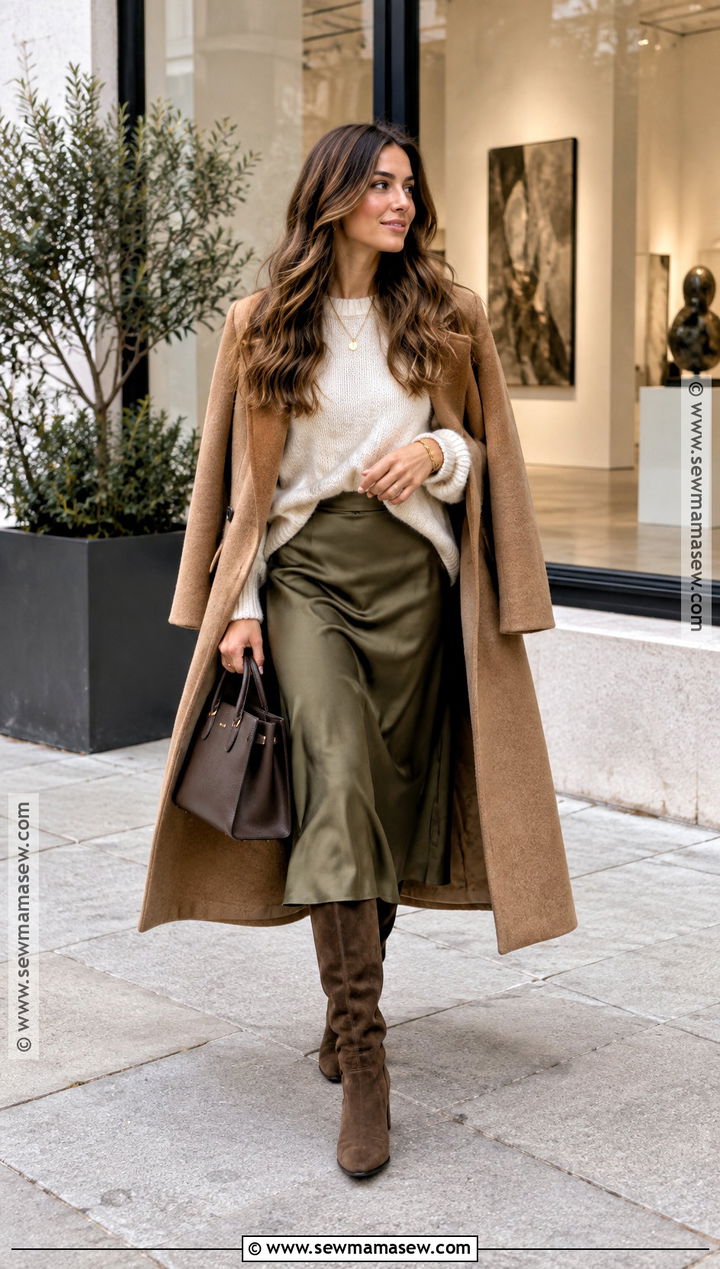 Brown Knee High Boots With A Satin Skirt And Chunky Sweater - 15 Brown Knee-High Boots Fall Fashion