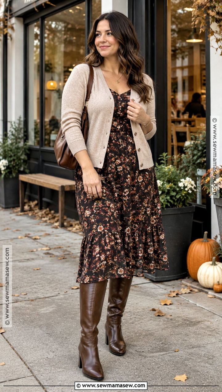 Brown Knee High Boots With Floral Midi Dress - 20 Brown Boots Autumn Outfit