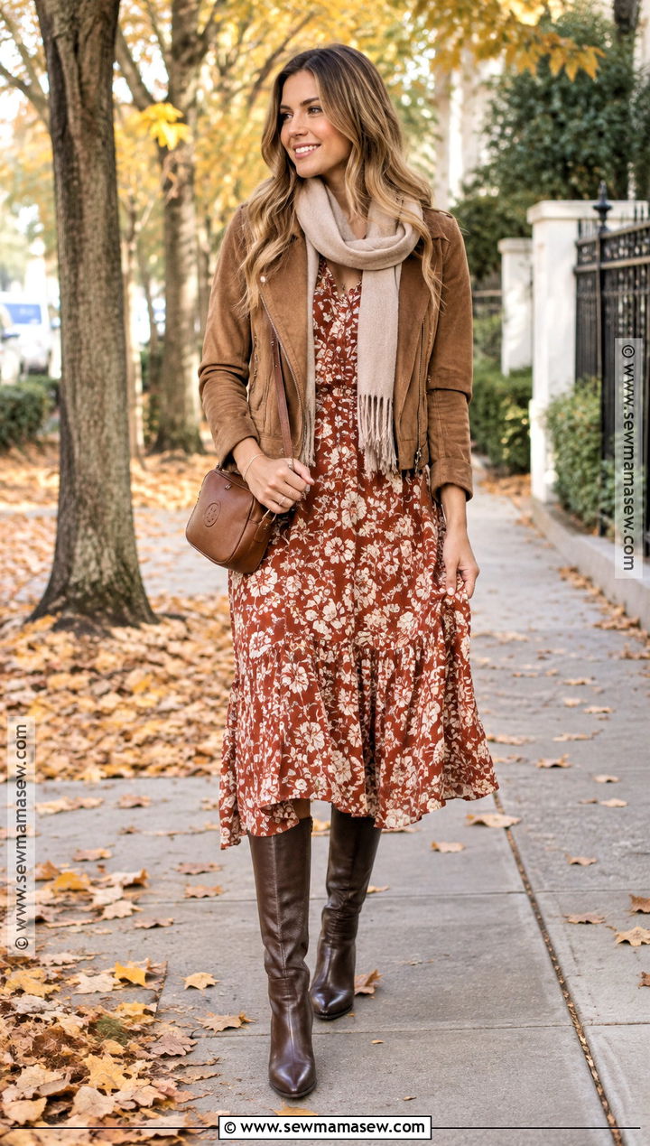 Brown Knee High Boots With Floral Midi Dress - 15 autumn knee-high boots