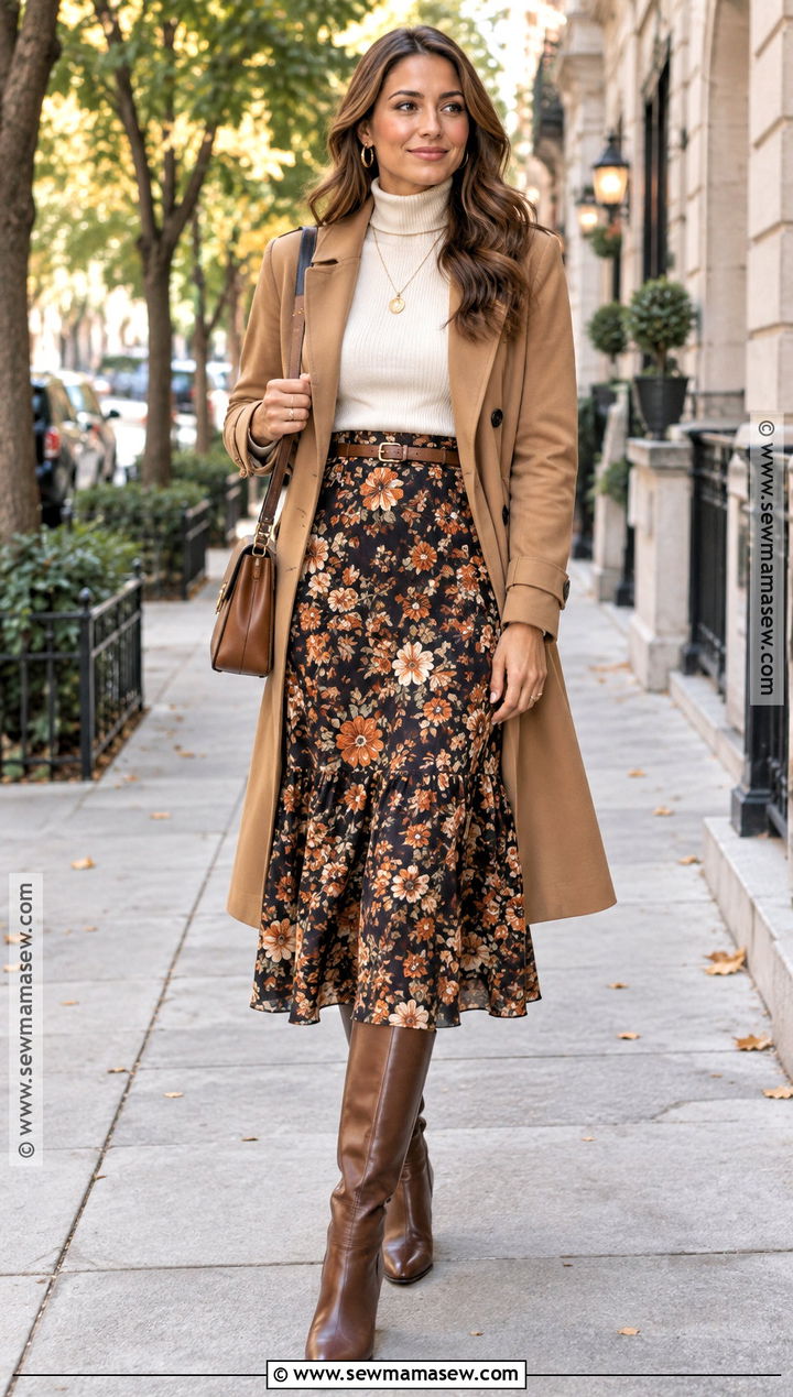 Brown Knee High Boots With Floral Midi Skirt - 15 Fall Boots With Skirts