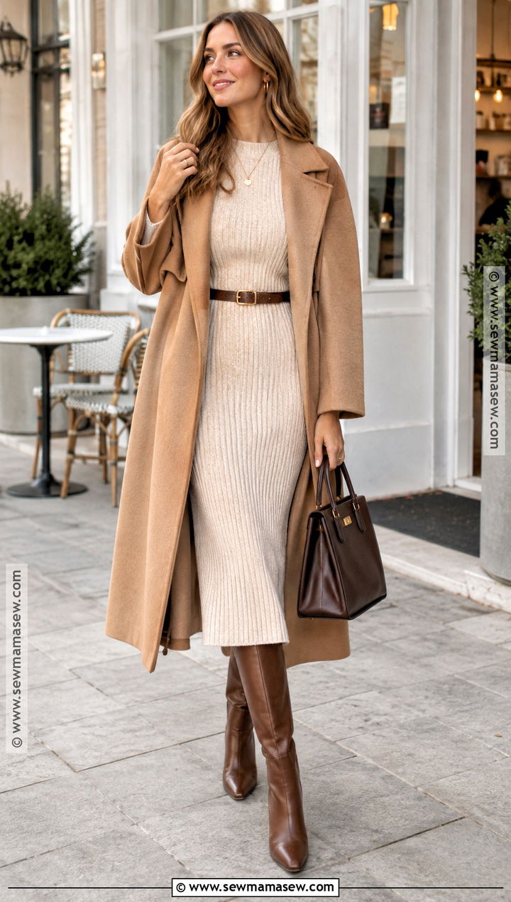 Brown Knee High Boots With Knit Midi Dress - 25 autumn shoes for women