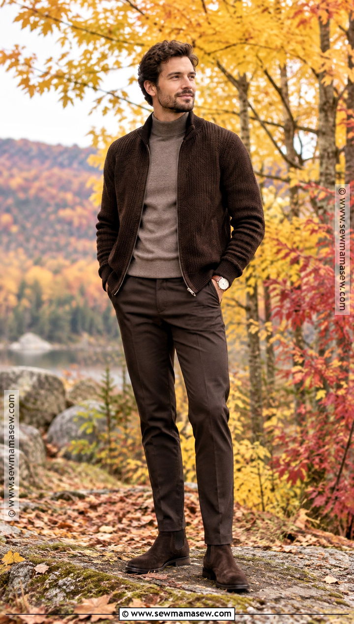 Brown Knit Jacket With Turtleneck And Trousers - 15 engagement photos outfits men fall