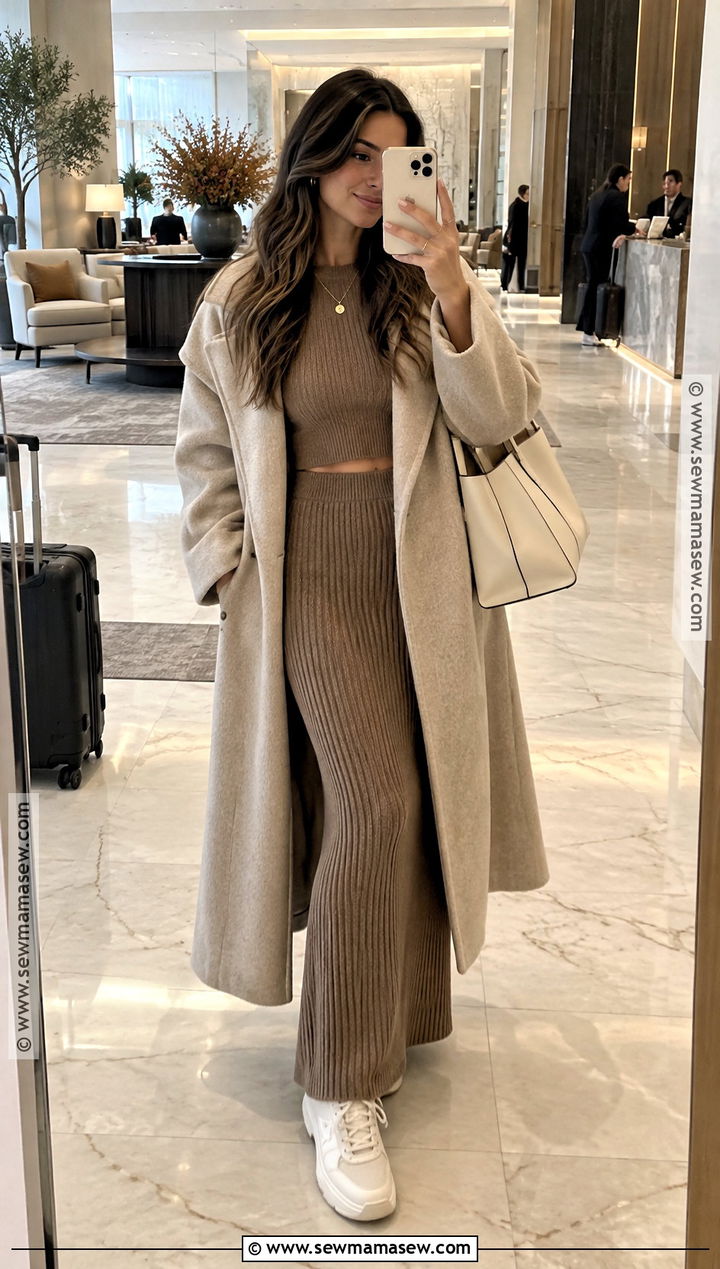 Brown Knit Maxi Skirt With Matching Sweater And Sneakers - 25 brown skirt fall outfit ideas