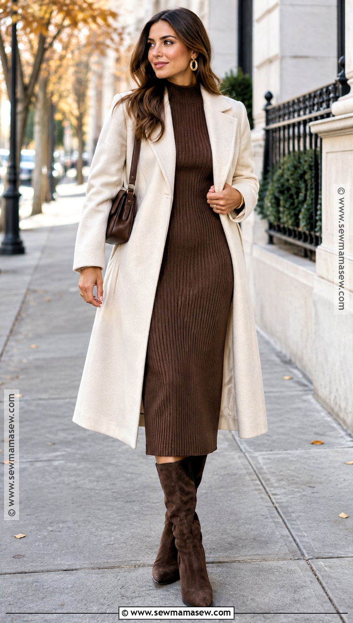 Brown Knit Midi Dress With Suede Boots - 15 fall date night dress outfit ideas