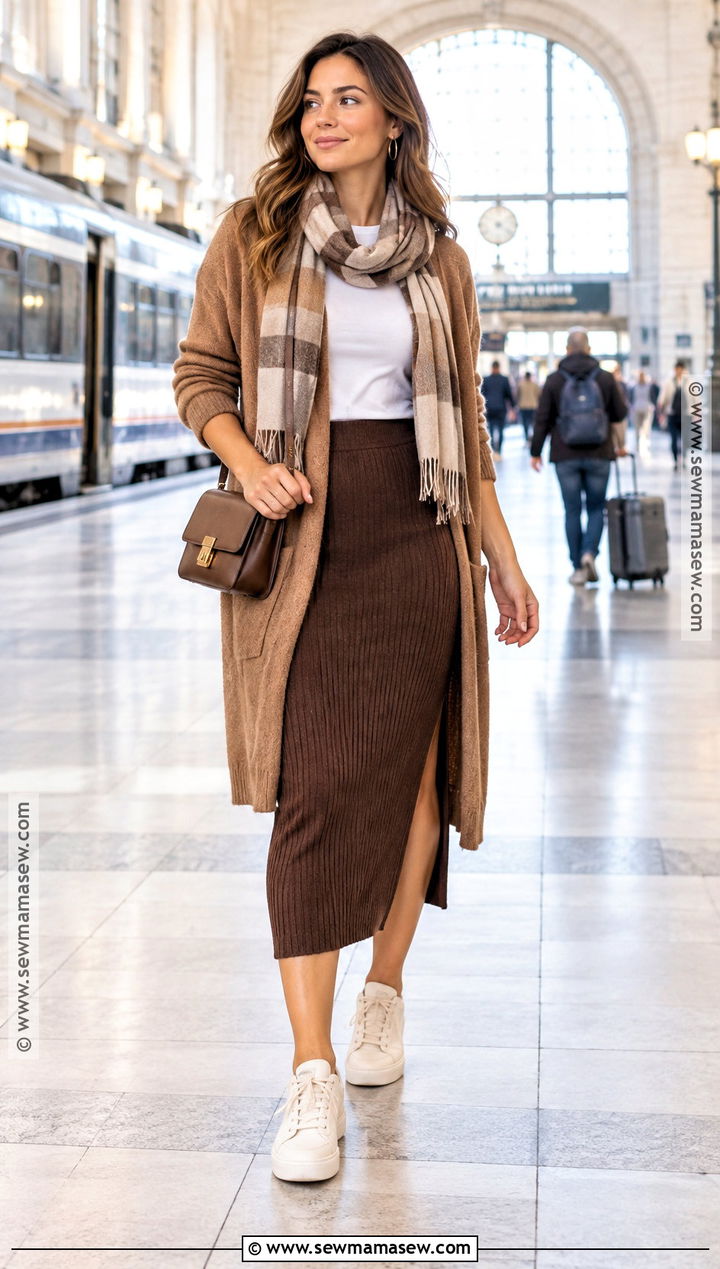 Brown Knit Skirt With Long Cardigan And Sneakers - 15 fall fashion brown skirt ideas