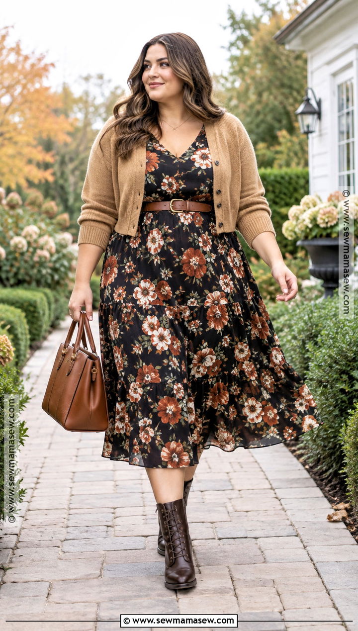 Brown Lace Up Boots With A Floral Midi Dress And Cardigan - 15 brown lace up boots outfit fall