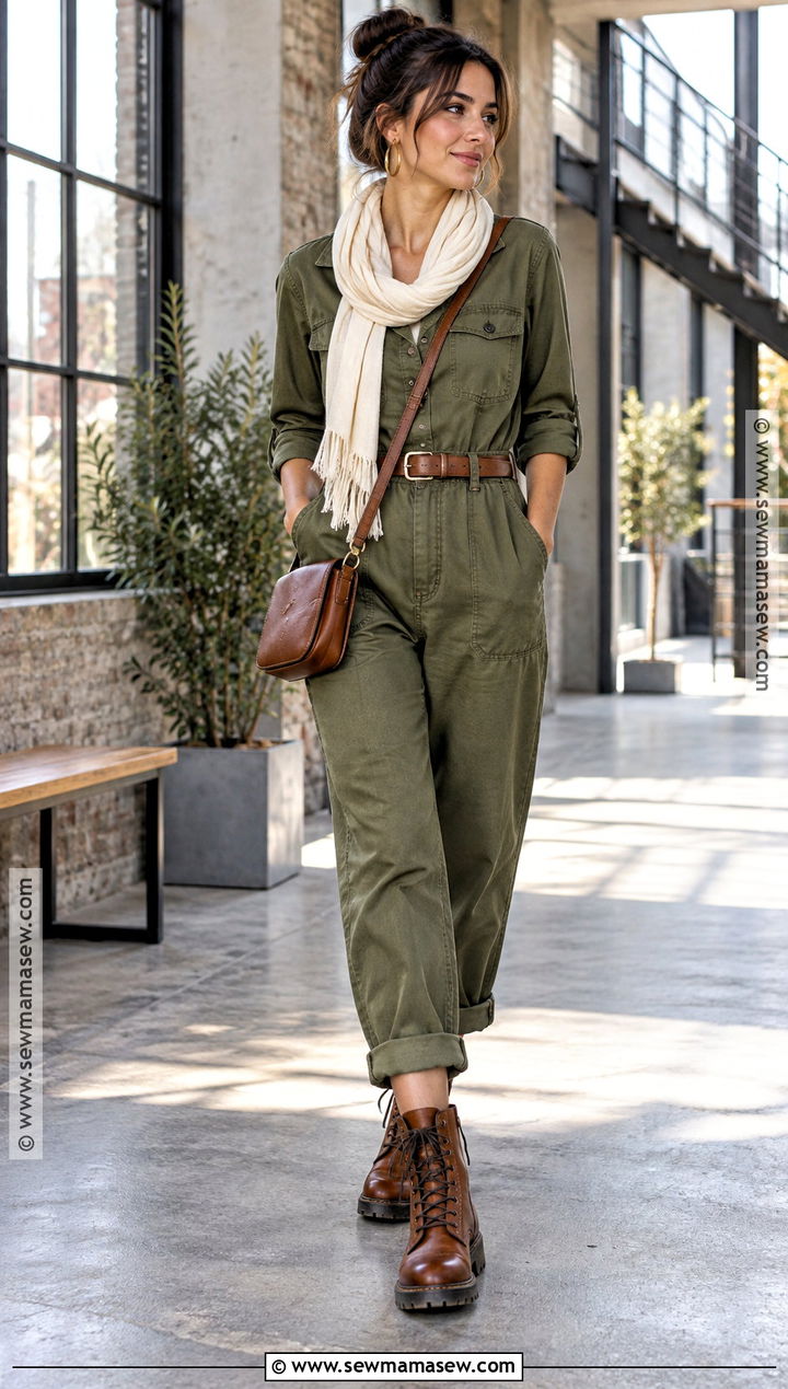 Brown Lace Up Boots With A Utility Jumpsuit And Crossbody Bag - 15 brown lace up boots outfit fall