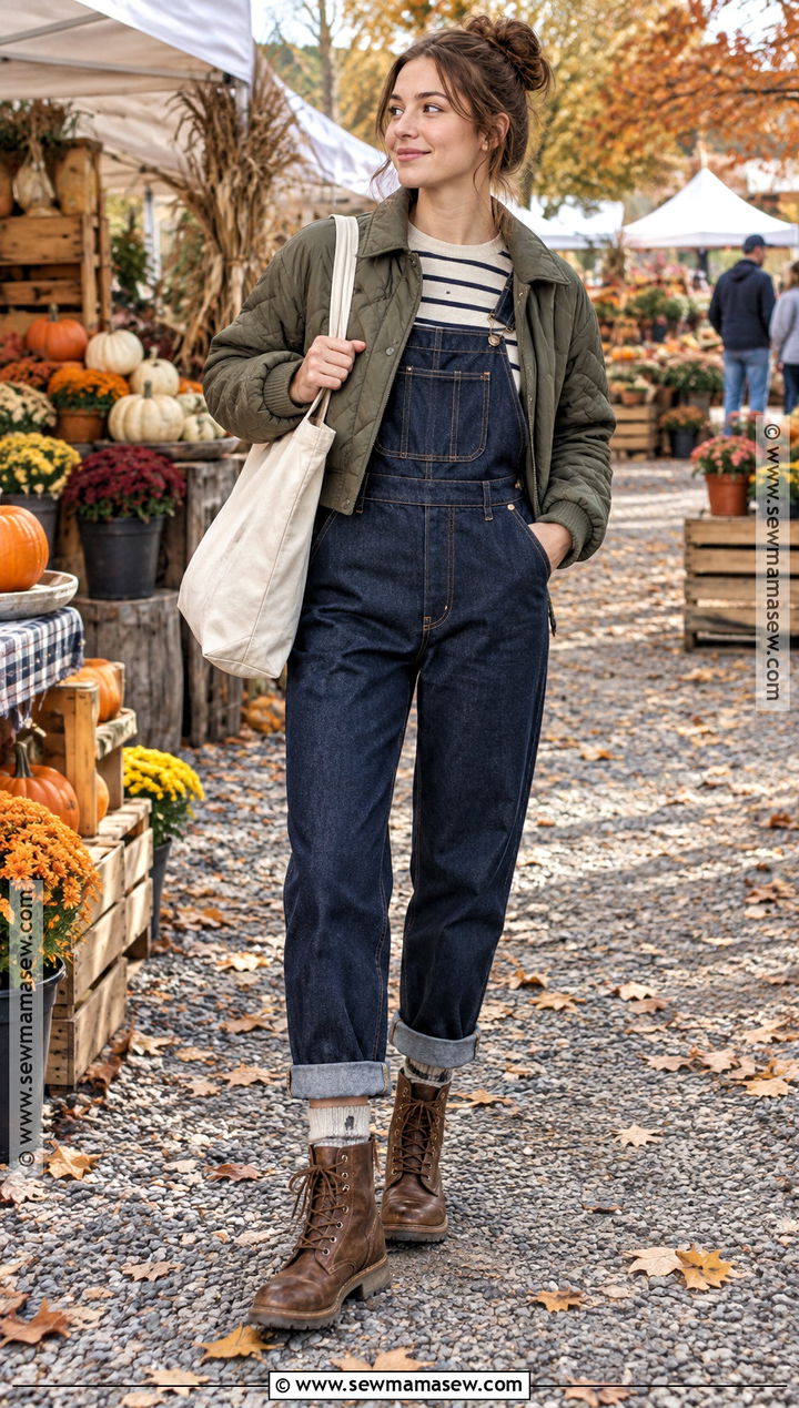 Brown Lace Up Boots With Overalls And A Striped Shirt - 15 brown lace up boots outfit fall