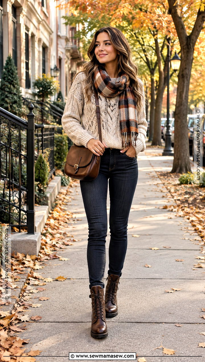 Brown Lace Up Boots With Skinny Jeans And A Cable Knit Sweater - 15 brown lace up boots outfit fall