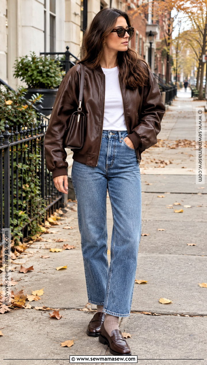 Brown Leather Bomber Jacket With Jeans And Loafers - 15 Fall Fashion Leather Outfit Ideas