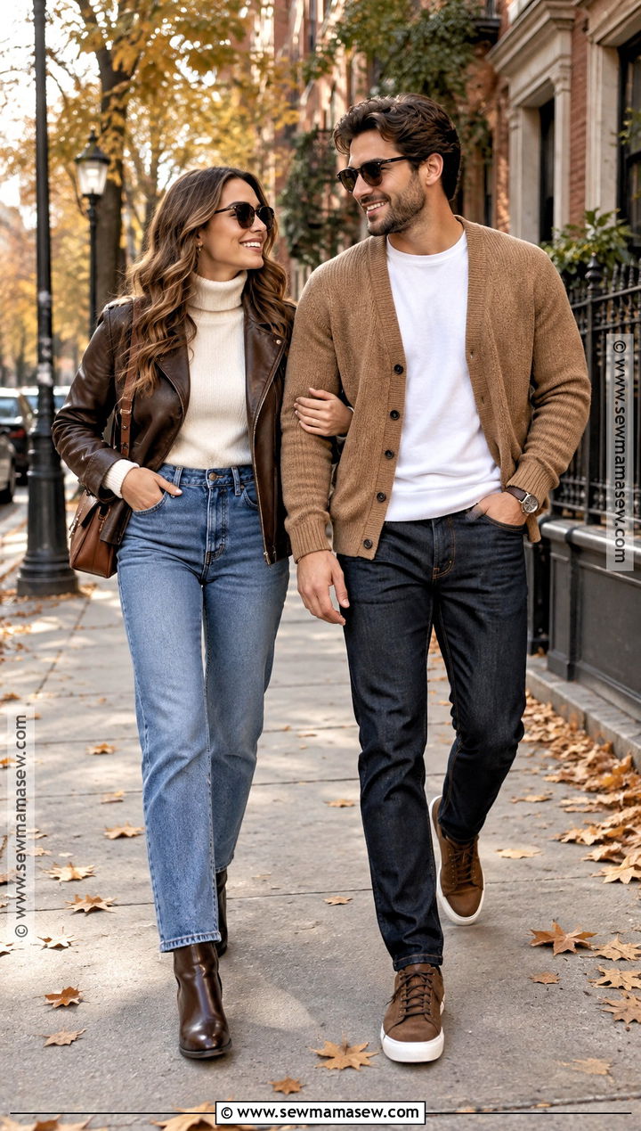 Brown Leather Jacket And Blue Jeans Fall Couples Outfit - 15 fall couples pics outfits
