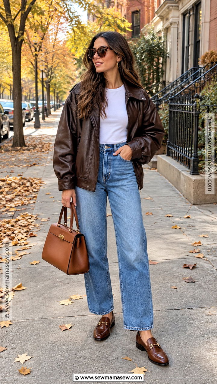 Brown Leather Jacket And Blue Jeans Outfit - 20 hailey bieber fall outfits