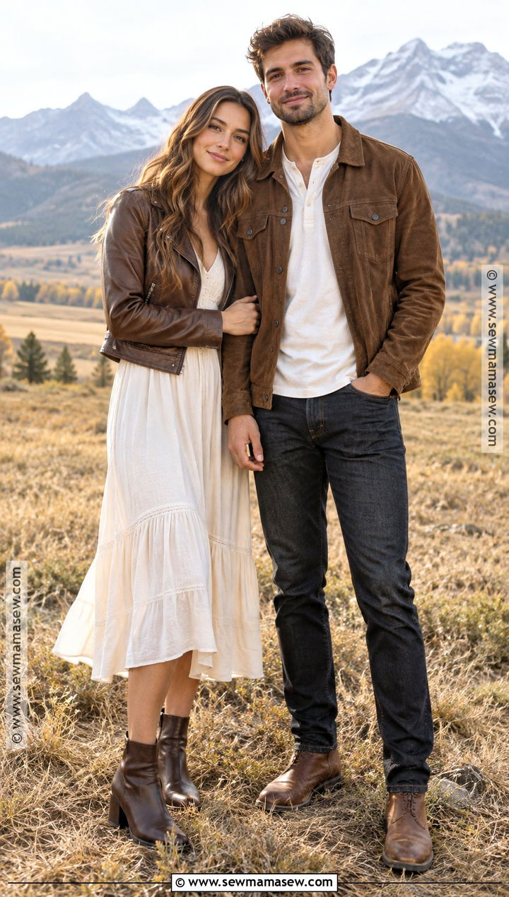 Brown Leather Jacket And Cream Dress Fall Couples Photo Outfit - 20 Fall Outfits Couples Photo Ideas