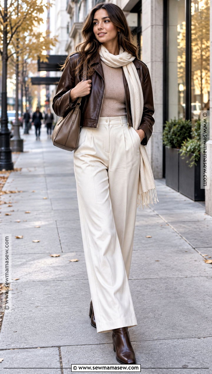Brown Leather Jacket And Cream Trousers Fall Outfit - 15 Cozy Neutral Fall Outfits