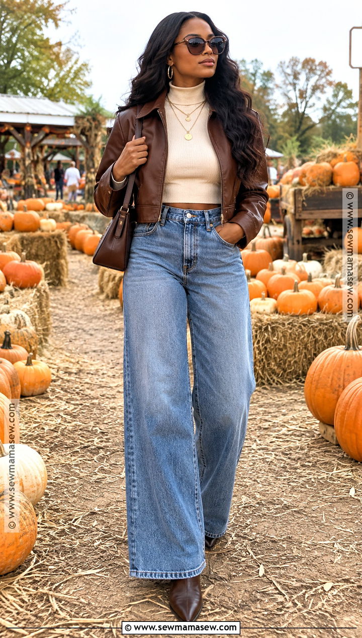 Brown Leather Jacket And Wide Leg Jeans Pumpkin Patch Outfit - 25 pumpkin patch outfit ideas for black women