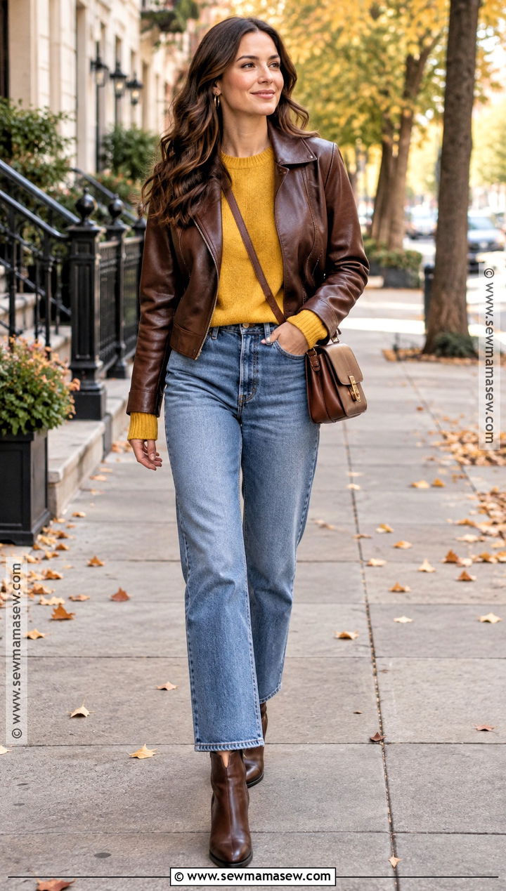 Brown Leather Jacket And Yellow Sweater Outfit - 15 Brown And Yellow Fall Fashion Ideas