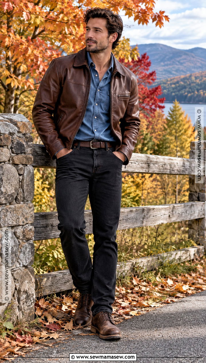 Brown Leather Jacket With Black Jeans - 15 fall photoshoot men outfits