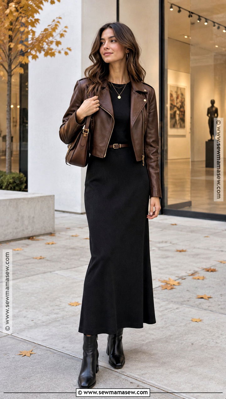 Brown Leather Jacket With Black Maxi Dress And Boots - 20 fall outfits brown leather jacket