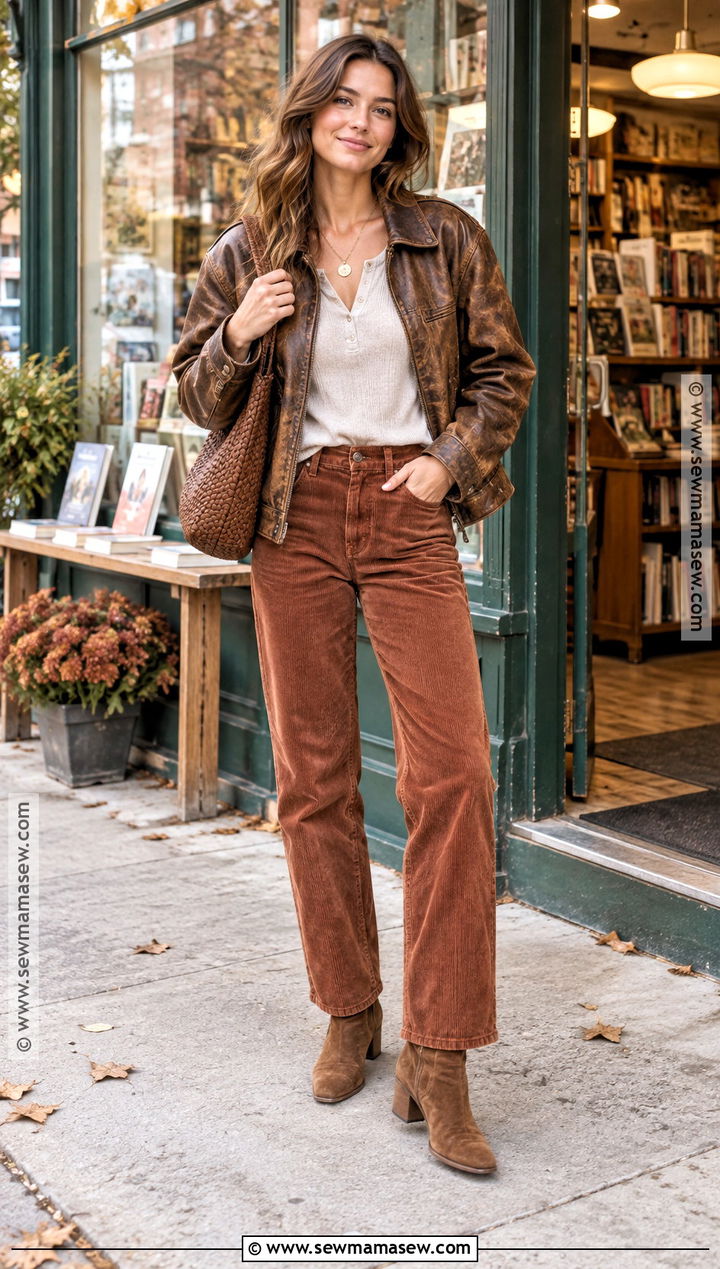 Brown Leather Jacket With Corduroy Pants And Henley Top - 20 fall outfits brown leather jacket