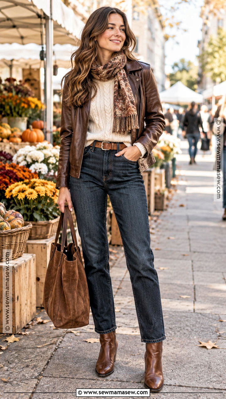 Brown Leather Jacket With Cream Sweater And Jeans - 15 Brown Leather Jacket Fall Ideas