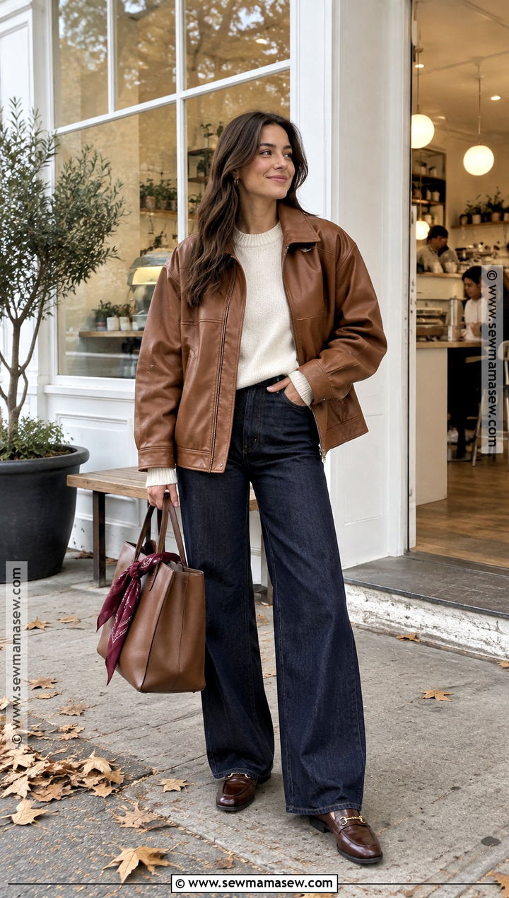 Brown Leather Jacket With Cream Sweater And Wide Leg Jeans - 20 fall outfits brown leather jacket