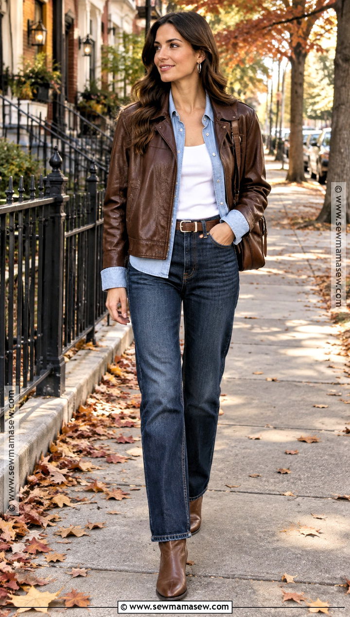 Brown Leather Jacket With Double Denim - 15 Brown Leather Jacket Fall Ideas