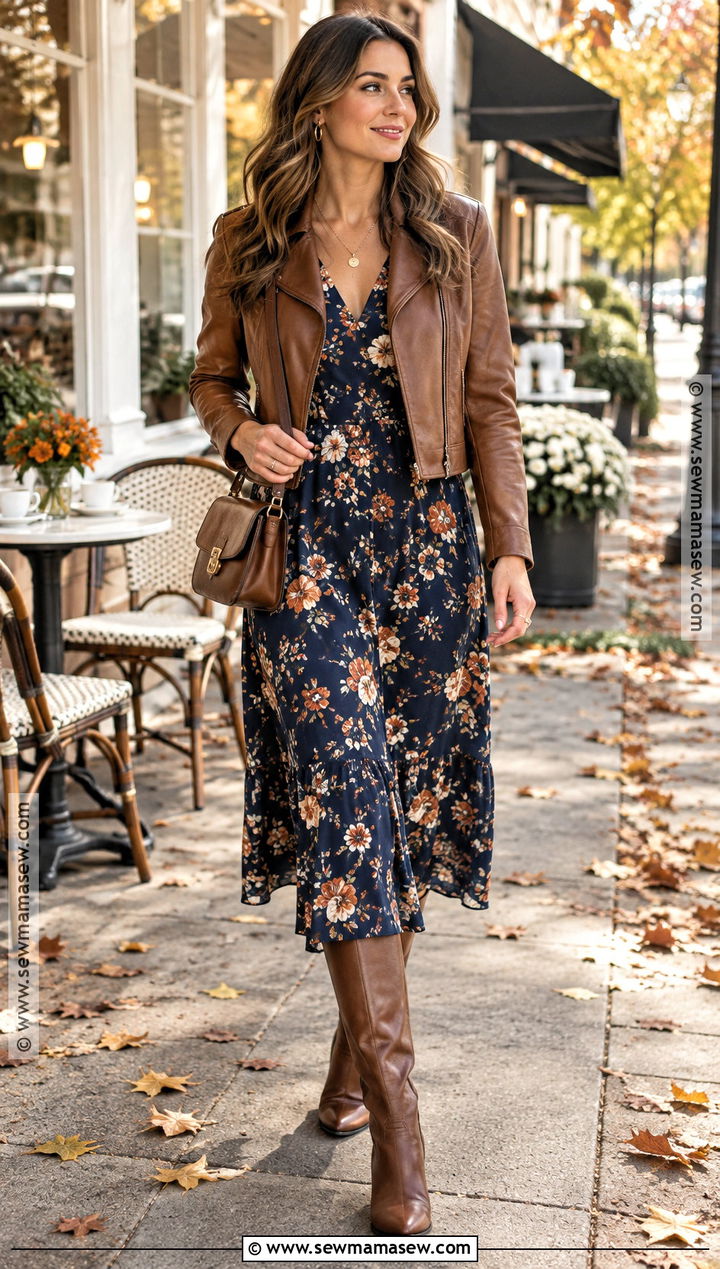 Brown Leather Jacket With Floral Dress - 25 Fall Leather Jacket Outfit Ideas