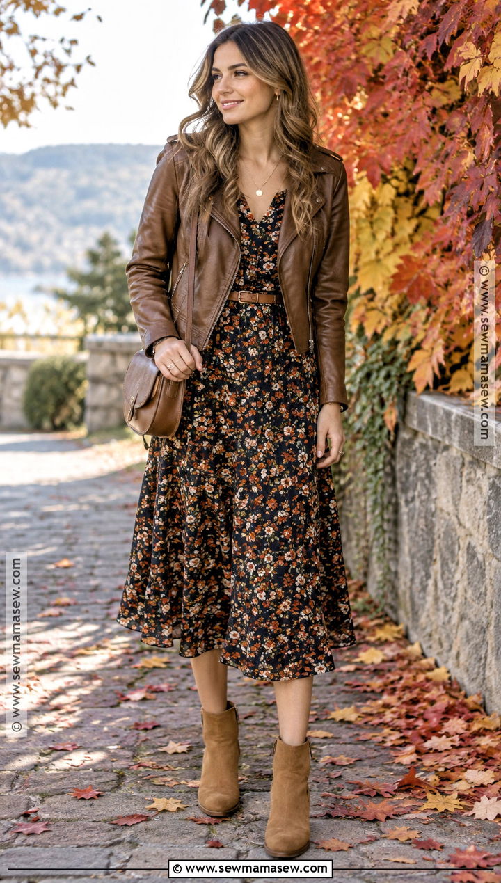 Brown Leather Jacket With Floral Midi Dress - 20 fall outfits brown jacket