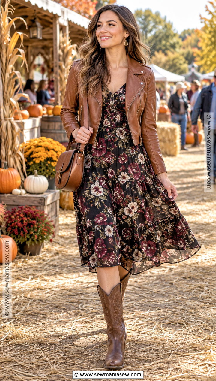 Brown Leather Jacket With Floral Midi Dress And Western Boots - 20 fall outfits brown leather jacket